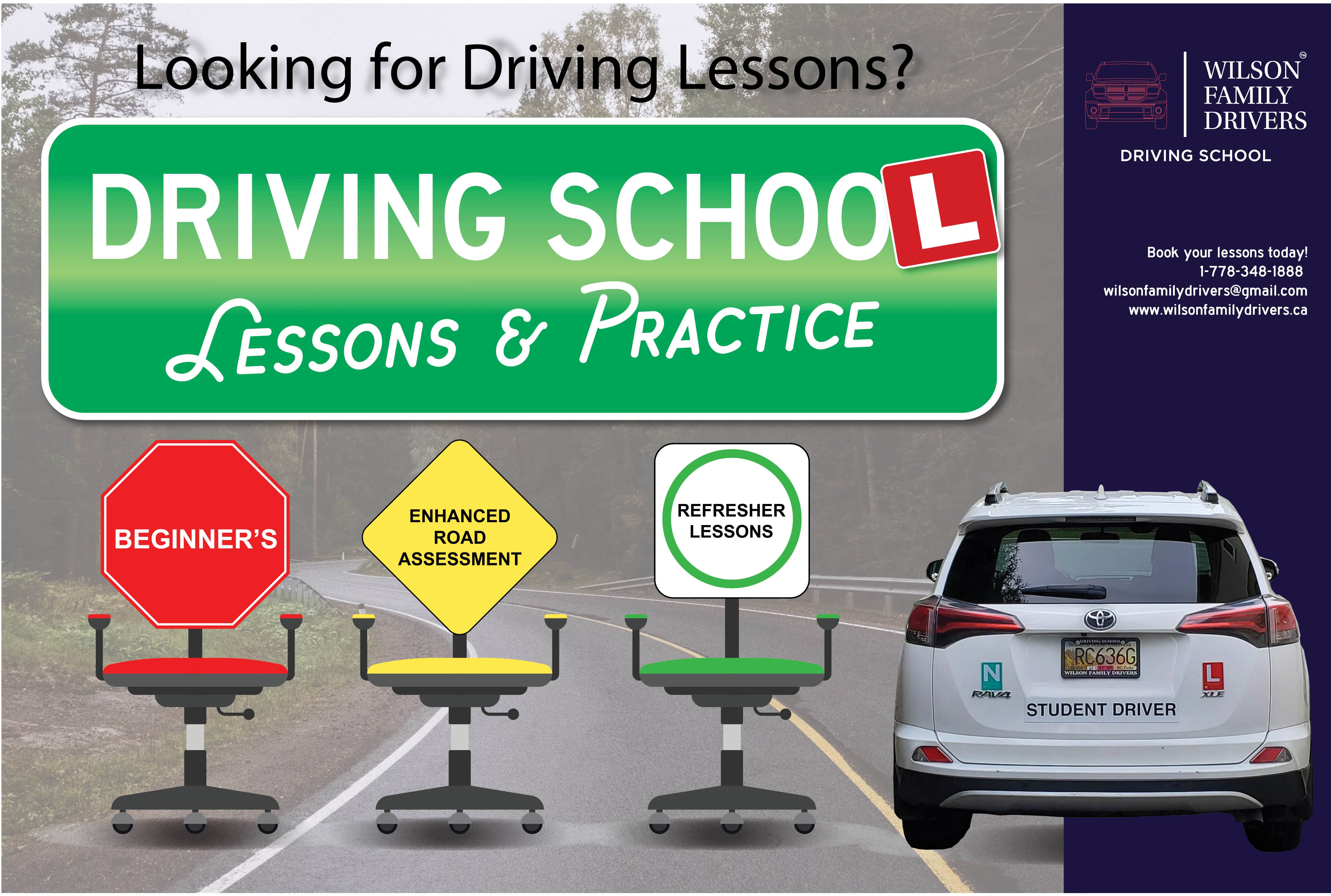 Wilson Family Drivers image of services offered for beginner's, enhanced road assessment and refresher lessons
