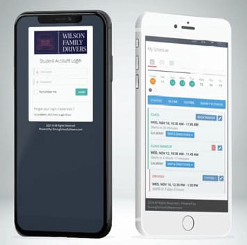 2 phone screens showing Student Portal login and scheduling ability
